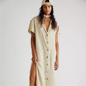 NWT Free People Almeda Dress in Sand Size Small Midi with Buttons and Pockets